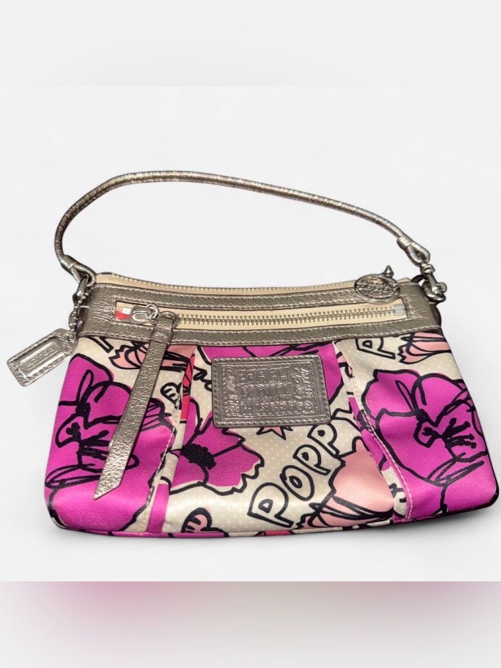 Coach Poppy Metallic Trim Pink Floral Poppy Wristlet
